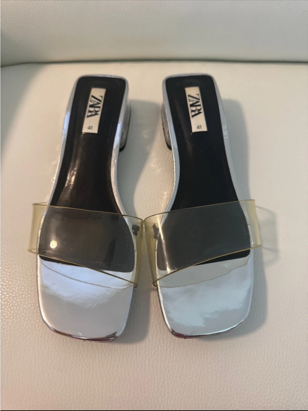 ZARA SILVER MINI HEEL SLIDE WITH SILVER STRAPS